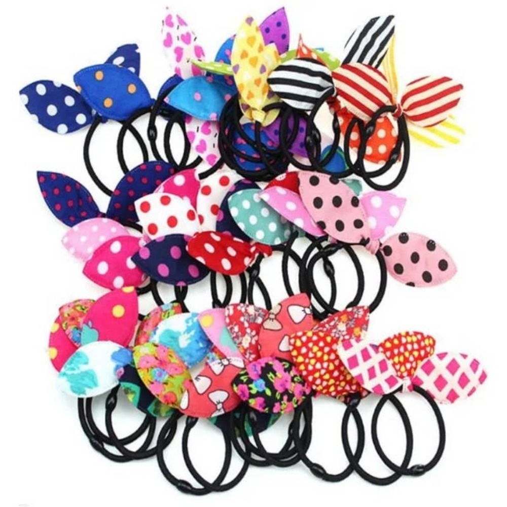 Trendy Rabbit/Bunny Ear Fabric Bow Hair Elastic‎ Set